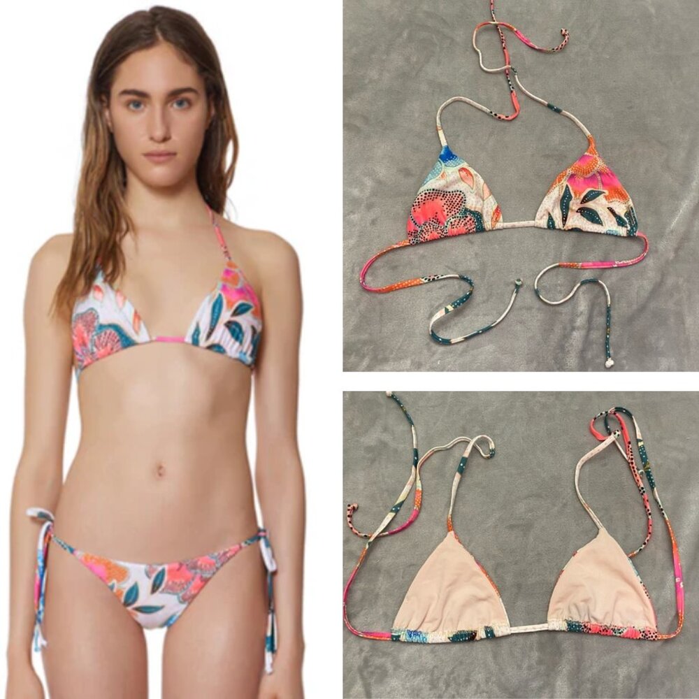 Mara Hoffman Arcadia String Tie Triangle Bikini Top in White/Pink Floral Small